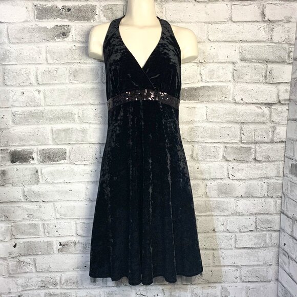 Vintage Y2K Black Crushed Velvet Babydoll Empire Waist Halter Dress - Picture 1 of 13